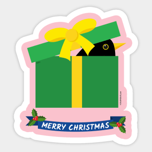 Cute Blackbird Peeking Out Of A Gift Box - MERRY CHRISTMAS Sticker